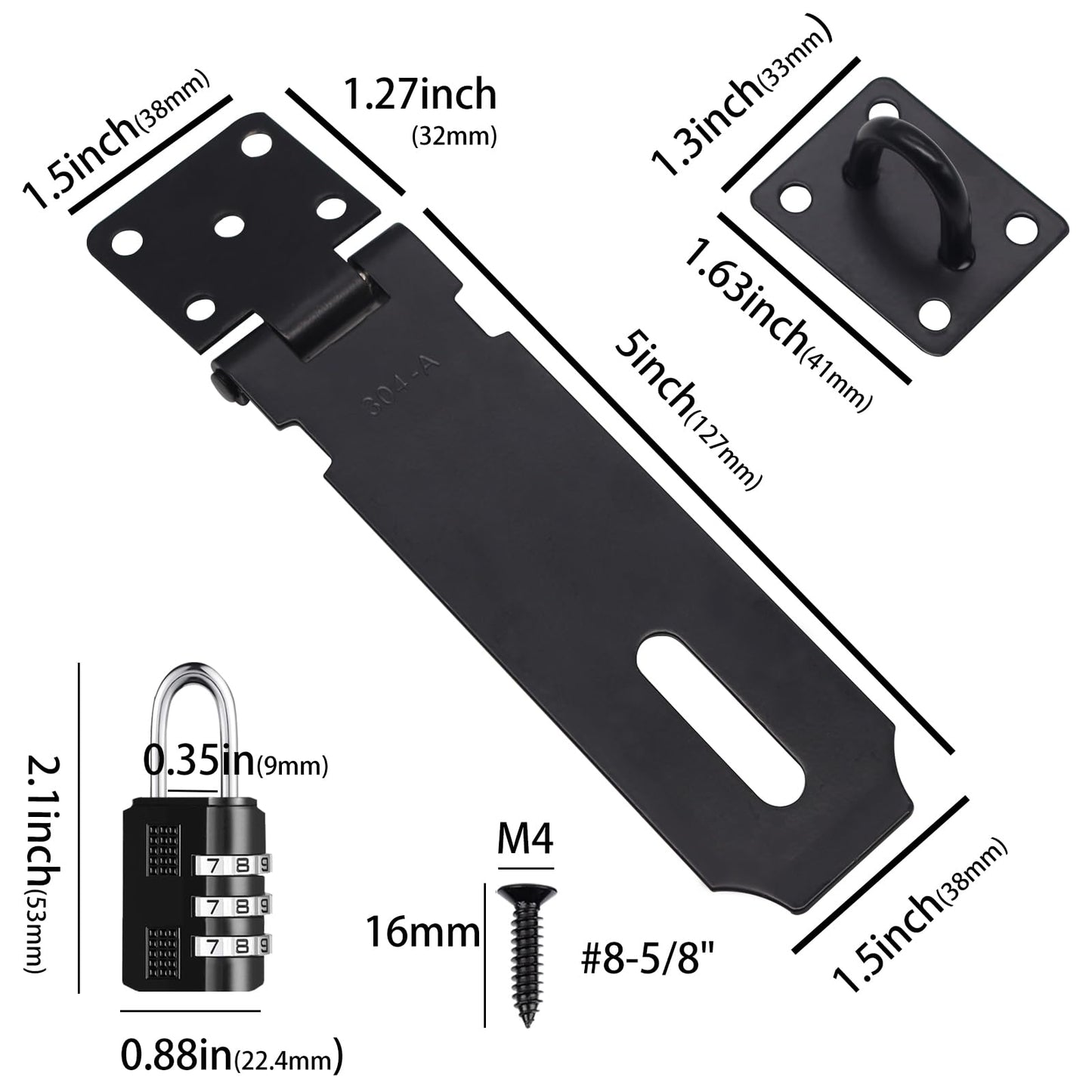 Tanbupu 2Pcs Door Locks Hasp Latch,5 Inch 304 Stainless Steel Safety Packlock Clasp Hasp Lock Latch,Hinge Lock Padlock with Screws for Gates,Doors,Cabinets, Closets and More(Black)