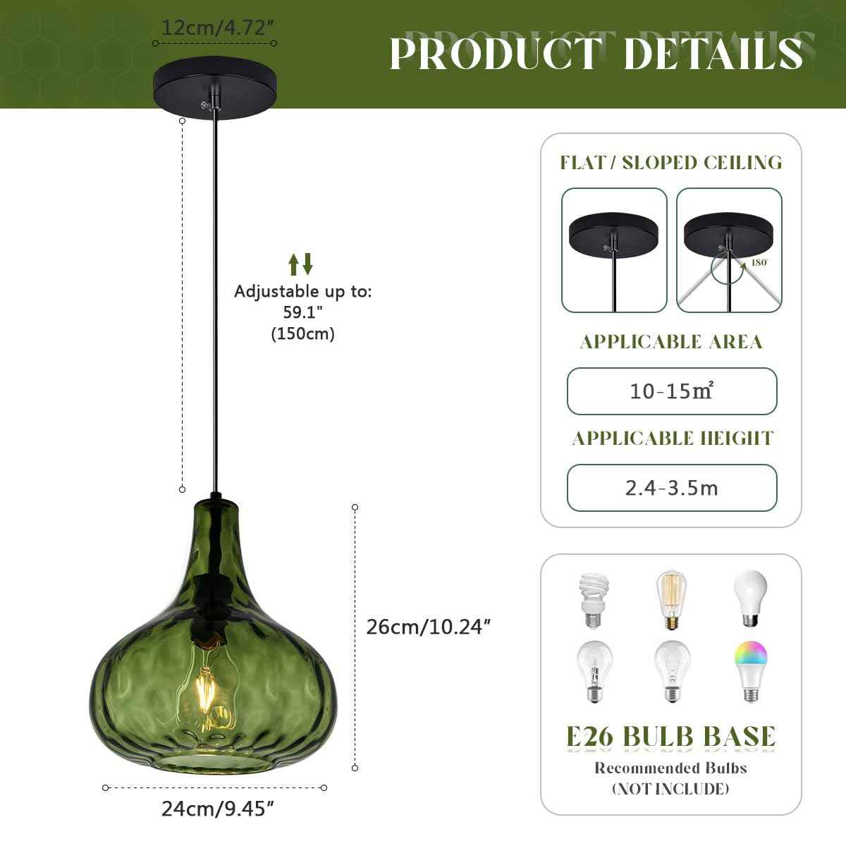 Qufute Green Glass Pendant Lighting Farmhouse Vintage Glass Globe Pendant Light Fixture, Mid-Century Modern Pendant Lamp Black Finish 9.45″ Shade for Kitchen Island Dining Room