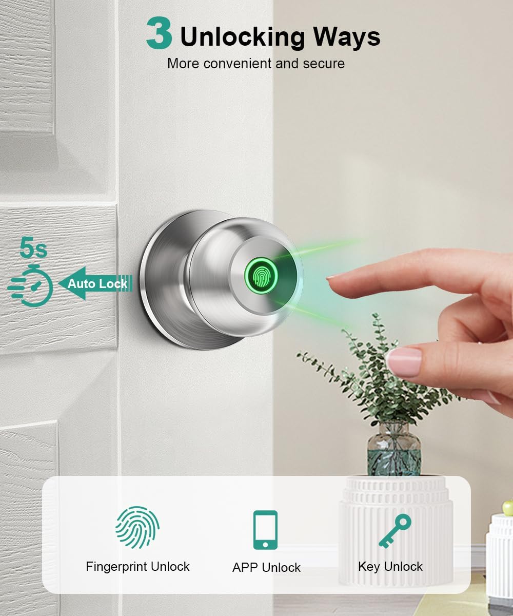 Smart Fingerprint Door Lock - Biometric Keyless Entry Knob with App Control for Home, Office & Garage