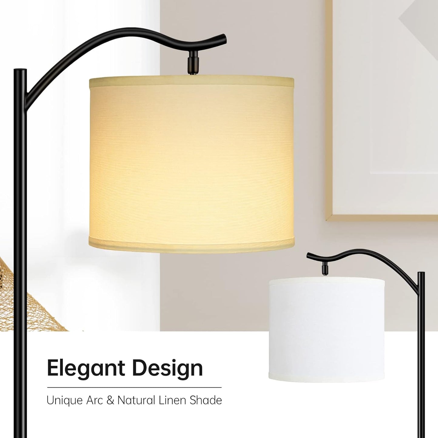 Modern LED Floor Lamp with Bohemian Linen Shade – Arched Tall Standing Light for Living Room & Bedroom
