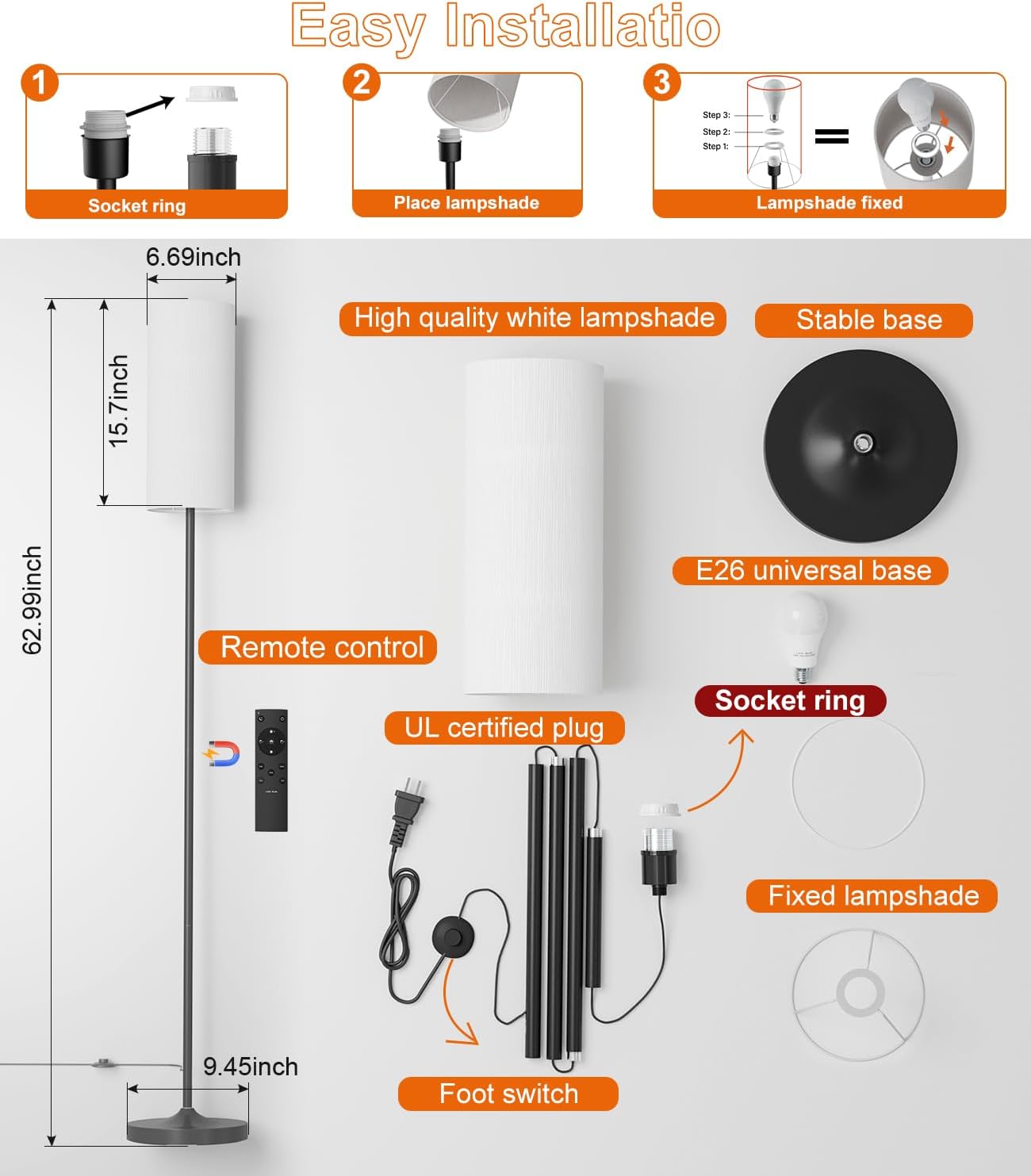 LED Floor Lamp with Remote & Dimmable Feature - Modern Gold Standing Lamp for Living Room & Bedroom