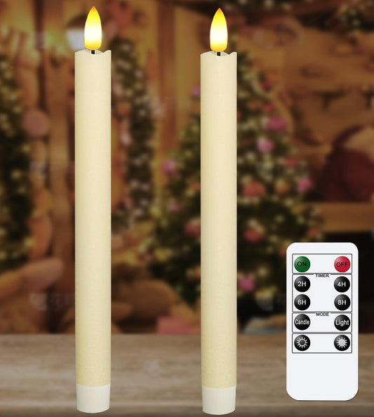 Upgraded Real Wax LED Flameless Taper Candles with Remote, KSWING 2 PCS Ivory Candlesticks Battery Operated 3D Flickering - 9.6" Long Realistic Fake Candle Sticks for Home/Wedding/Fireplace Xmas Decor