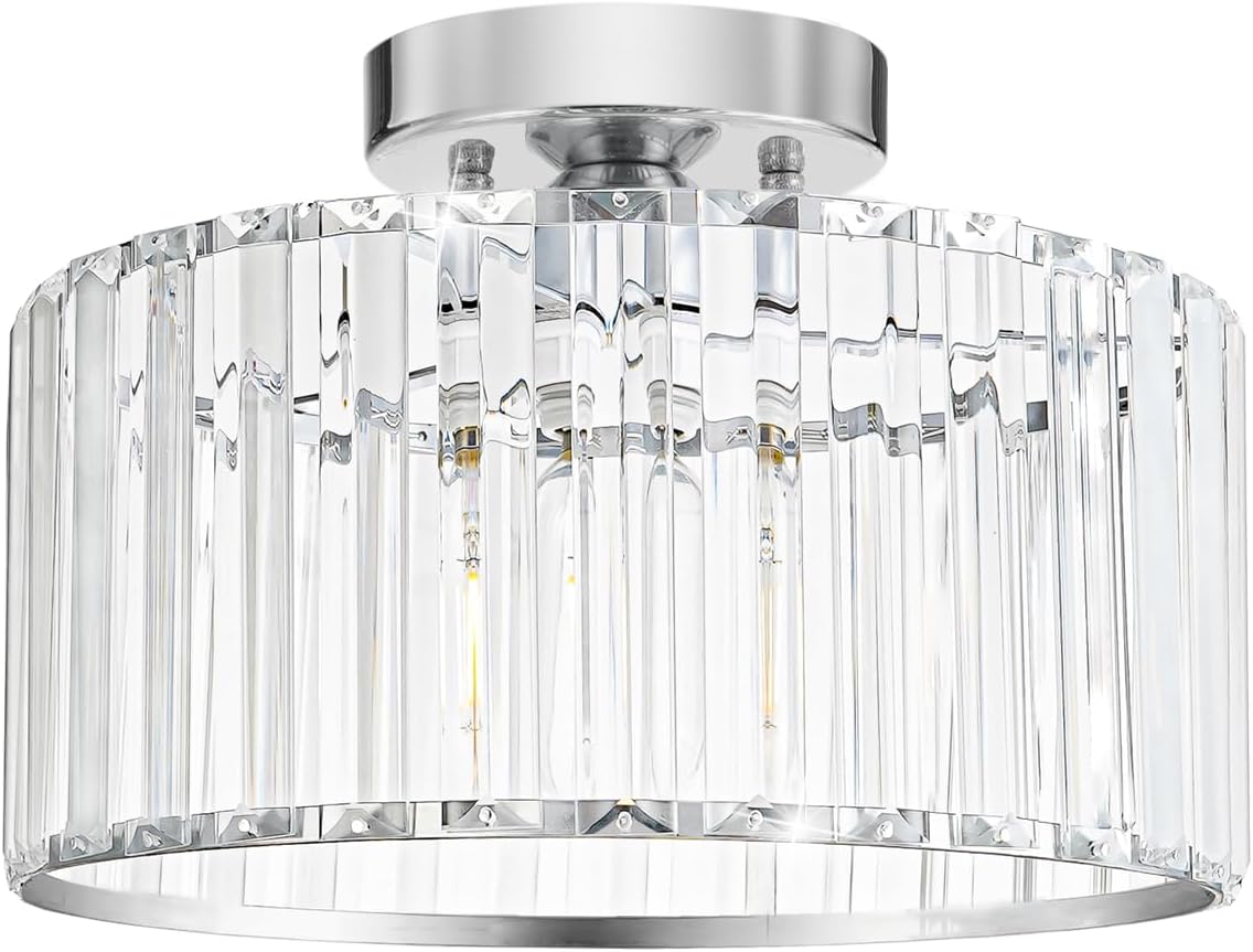 Modern Gold Crystal Ceiling Light Fixture - 11-Inch Semi Flush Mount Chandelier for Kitchen & Entryway