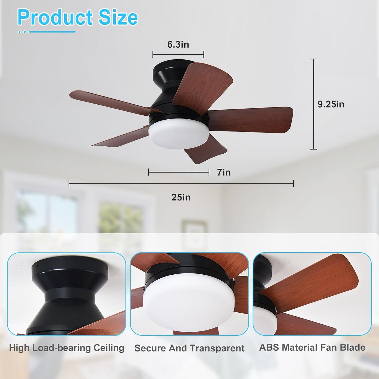 42-Inch Modern Black Ceiling Fan with Light & Remote - Dimmable Low Profile, 5 Reversible Walnut Blades, 6 Speeds for Indoor/Outdoor Use