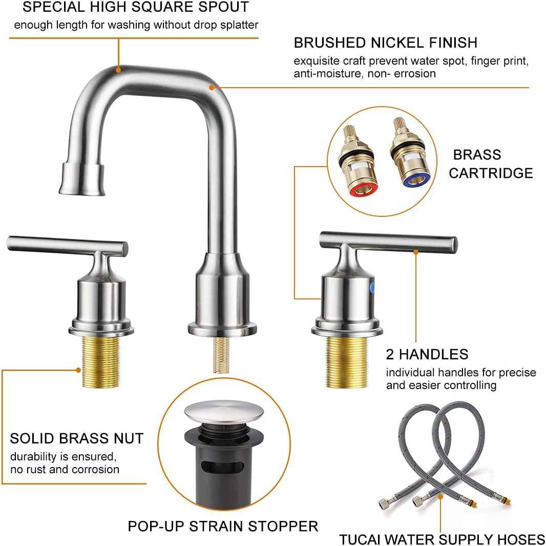Brushed Nickel 8-Inch Widespread Bathroom Faucet with 360° Swivel Spout - Modern 2 Handle Lavatory Sink Fixture