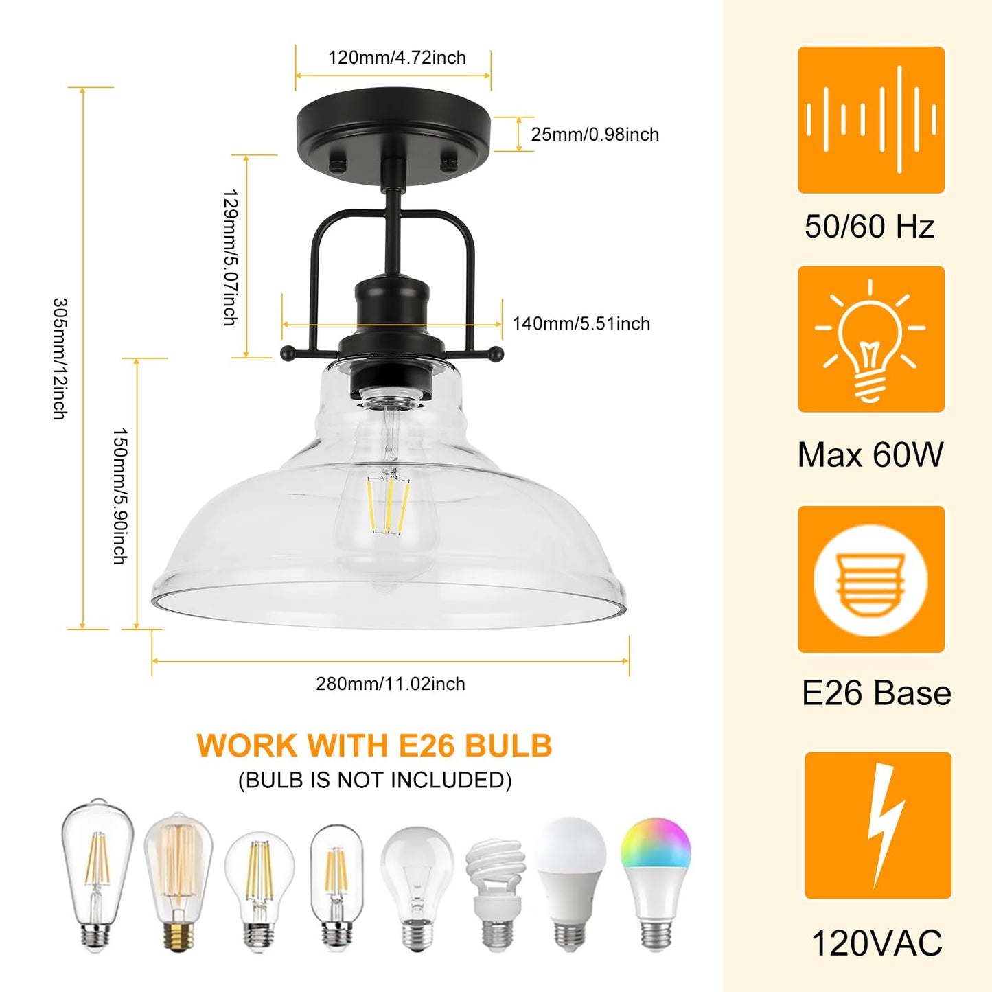 WILON 2 Pack 11'' Semi Flush Mount Ceiling Light Fixture with Clear Glass Shade Black Ceiling Light Modern Farmhouse Lighting Fixture Ceiling Lamp for Kitchen Hallway Dining Room Porch Foyer