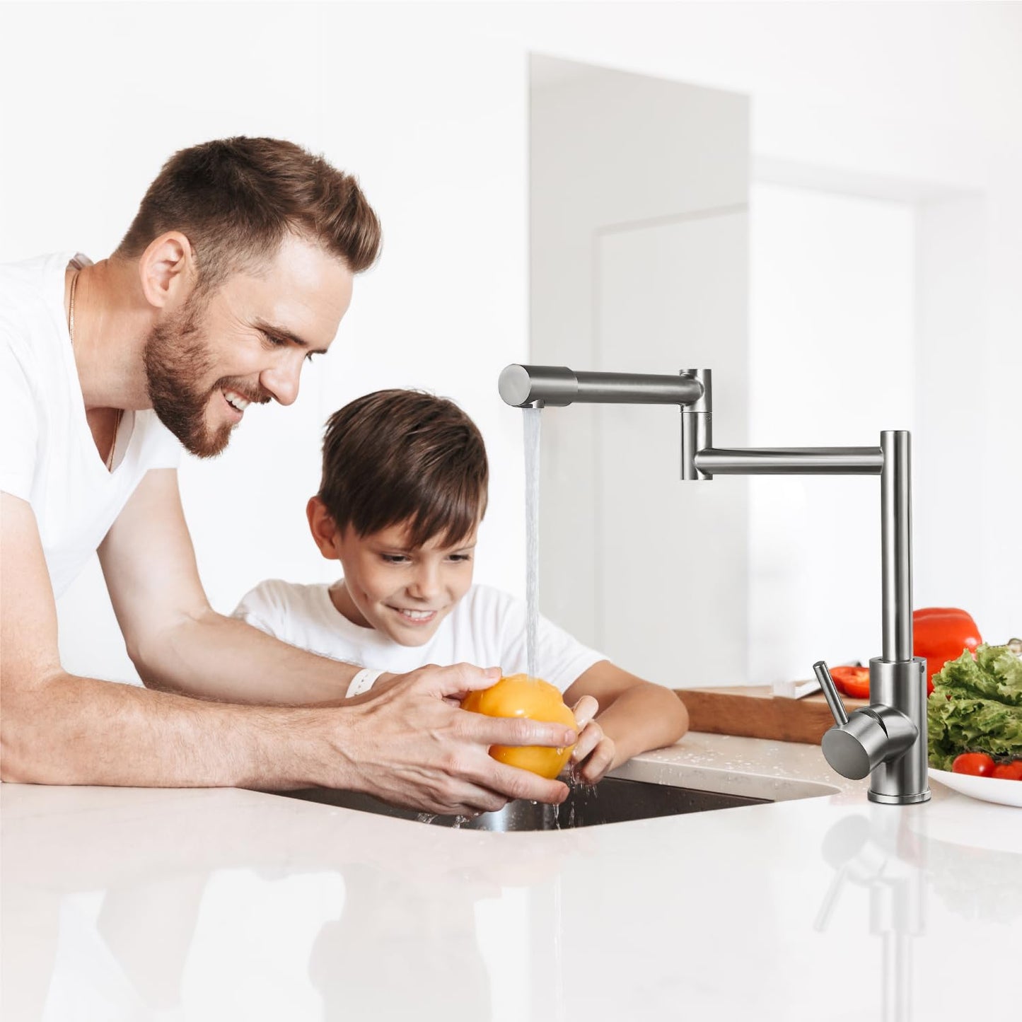 Cinwiny Deck Mounted Pot Filler Faucet Hot and Cold Water Single Handle Countertop Double Joints 360° Rotating Retractable Commercial Kitchen Sink Faucet Stainless Steel, Brushed Nickel