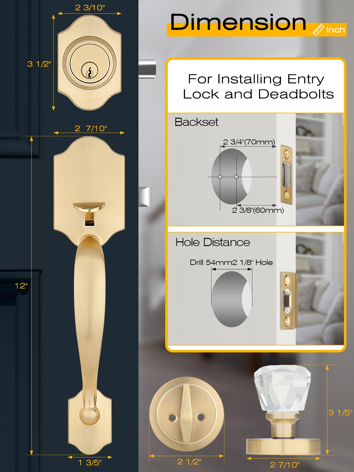 EHOMEWARE 1 Pack Front Door Lock Set, Exterior Door Handle Gold, Entry Door Locksets with Deadbolt, Front Door Handle, Glass Door Knobs, Reversible for Left & Right Doors, Satin Brass Finish