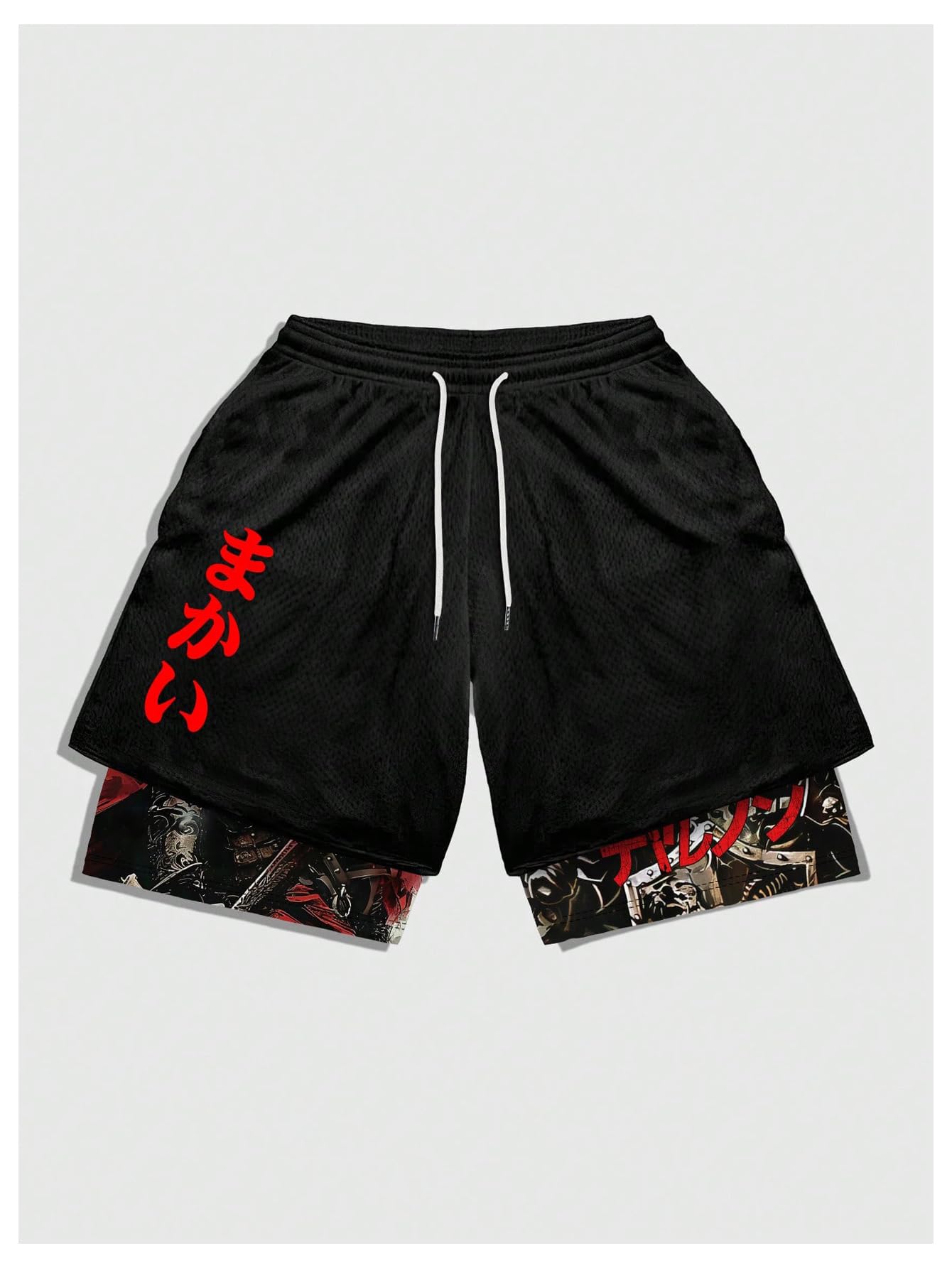 WDIRARA Men's 2 in 1 Shorts Graphic Letter Print Drawstring Workout Running Gym Shorts with Pockets Black Large