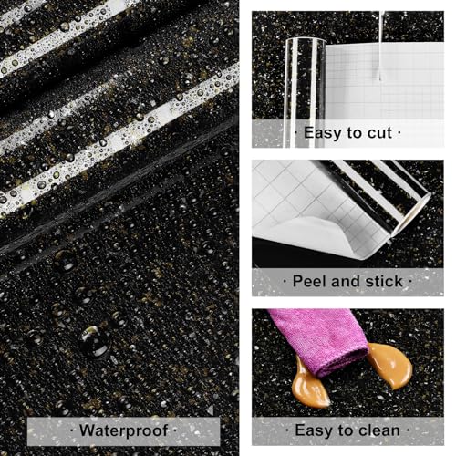 Black and Gold Granite Marble Contact Paper Peel and Stick Wallpaper Countertops 15.7"x78.8" Glossy Granite Contact Paper for Kitchen Cabinets Waterproof Removable Vinyl Wallpaper Backsplash