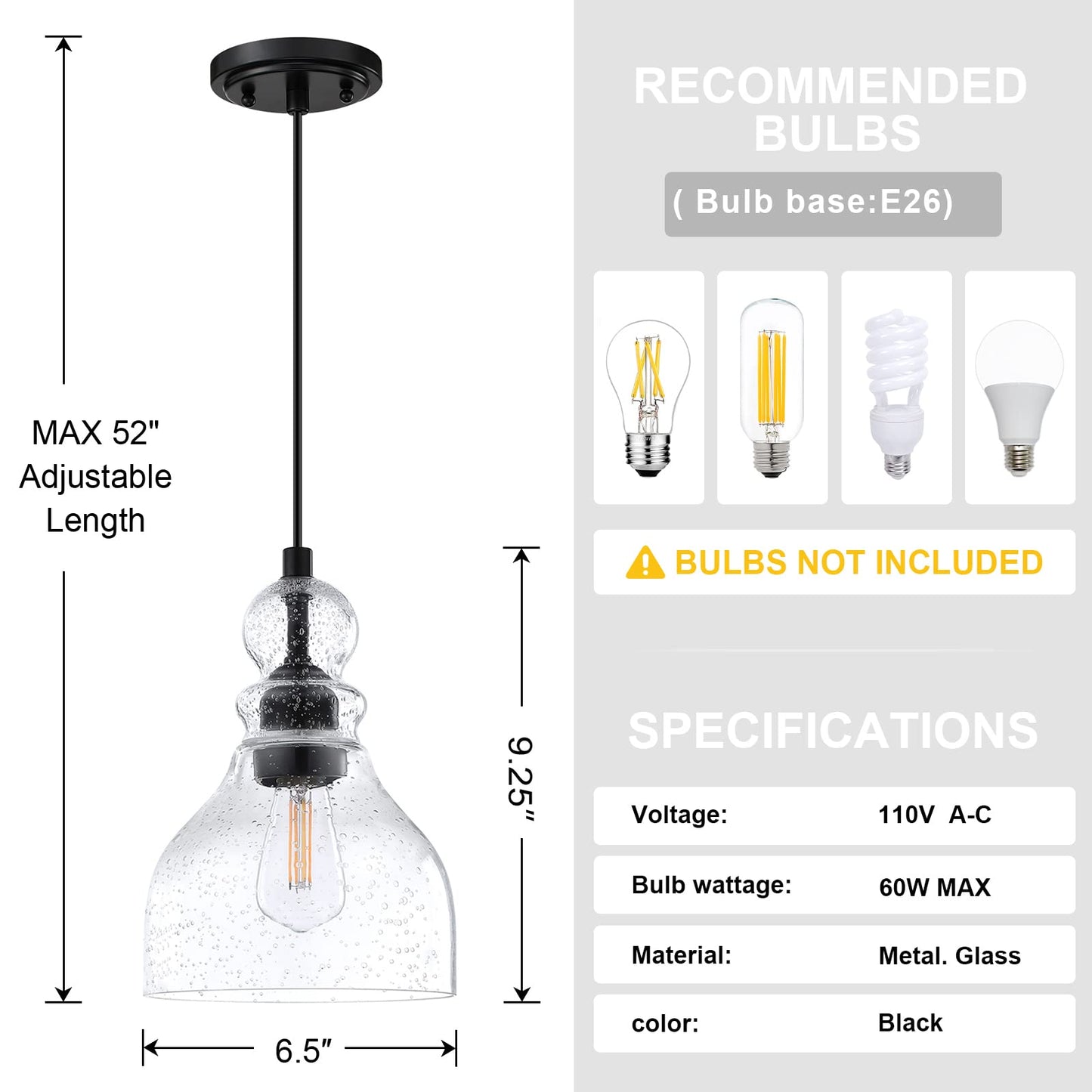 Dolaimi House 2 Pack 1 Light Pendant Ceiling Light Adjustable Cord Kitchen Island 6.5" Seeded Glass Black Finish Modern Industrial Farmhouse Lighting for Bedroom Sink