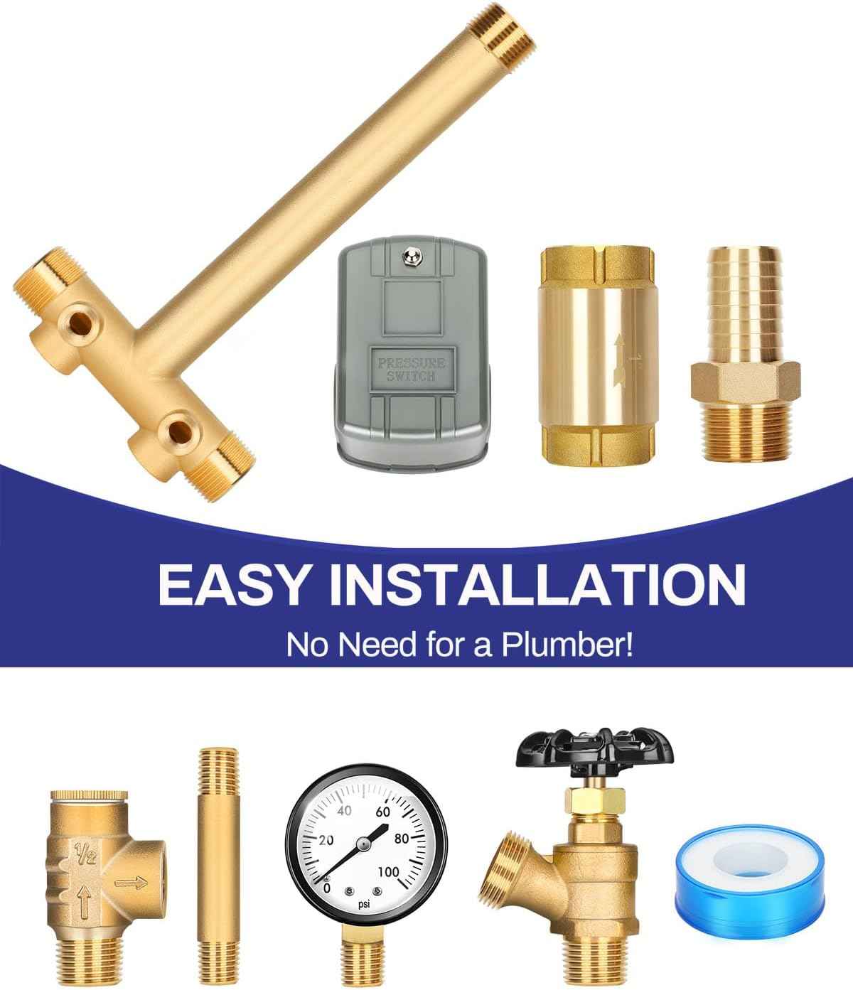 Well Pressure Tank Tee Kit with Union & 40-60 PSI Switch - Upgraded 1” x 11” for Tanks Up to 16” Diameter