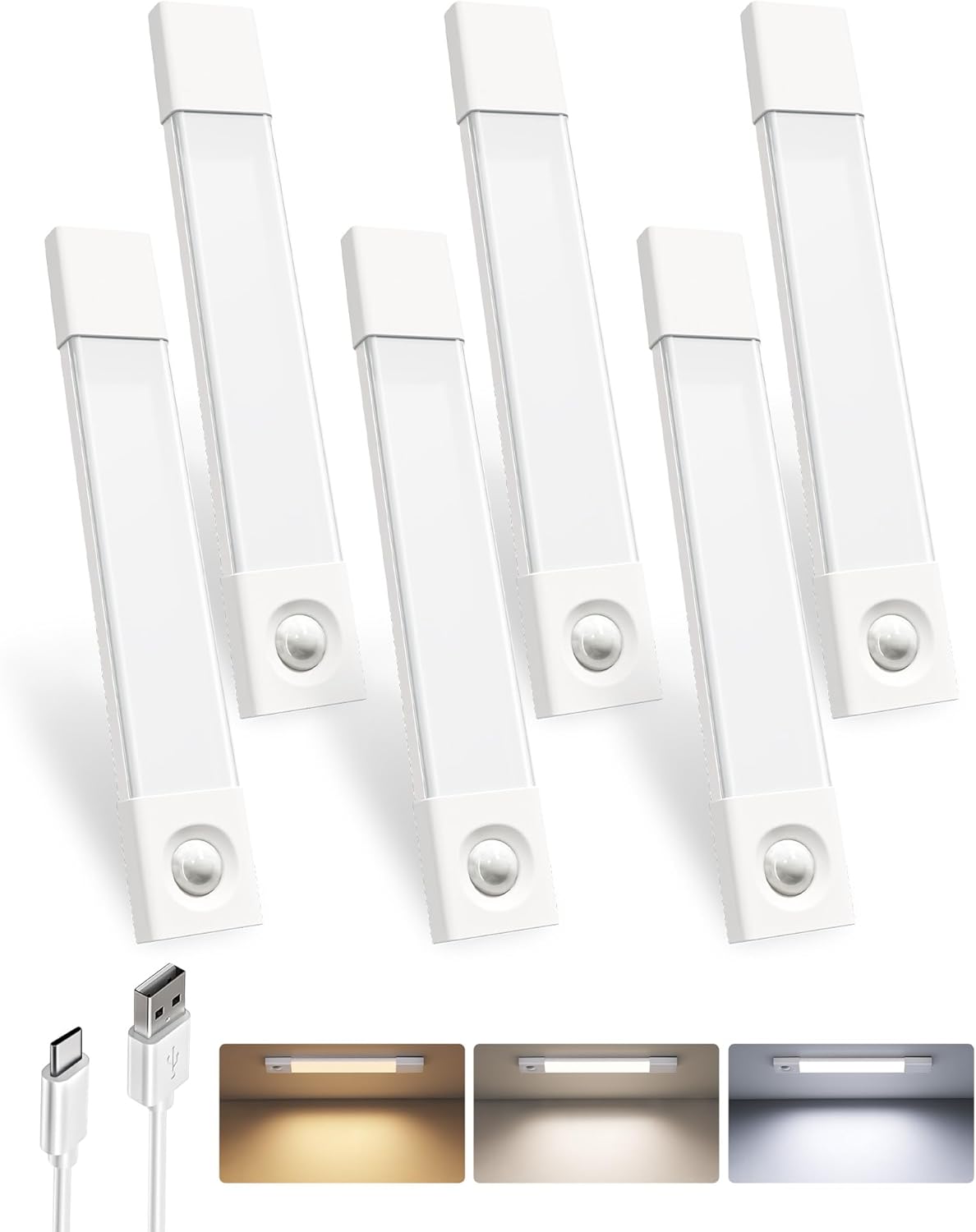 Rechargeable Motion Sensor Under Cabinet Lights - 6-Pack Dimmable LED Closet Lighting, 3 Color Temperatures, 11.8 Inch for Kitchen, Pantry & Bedroom
