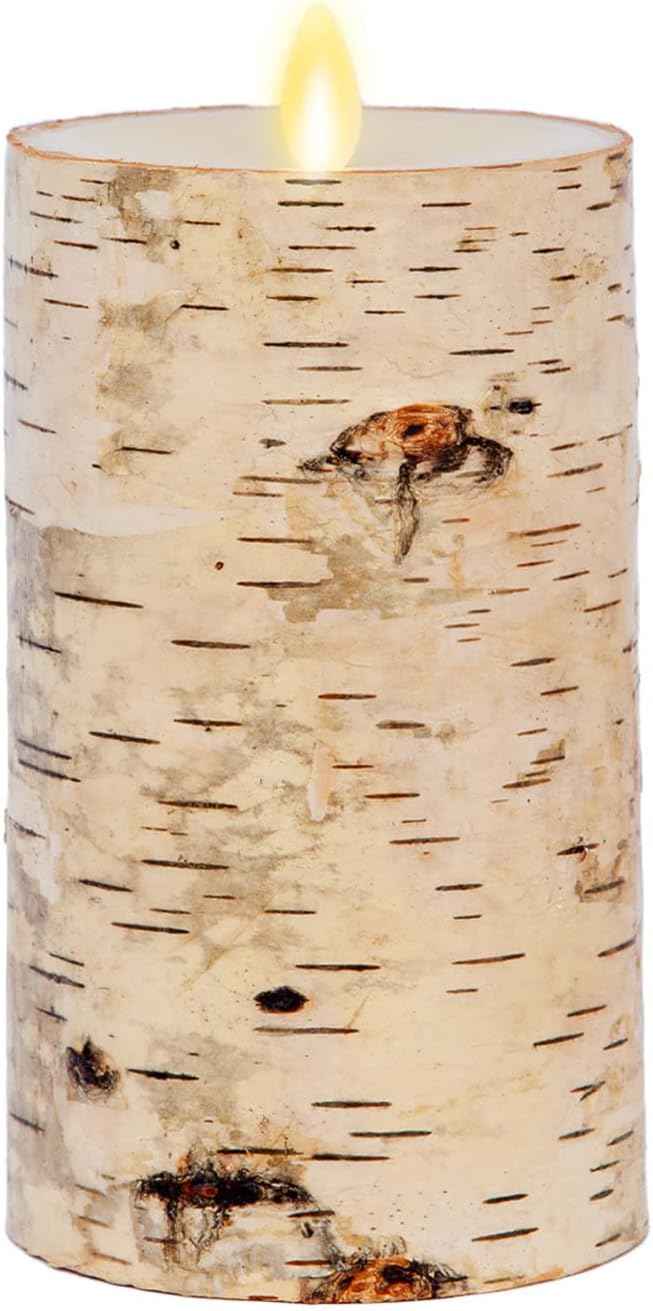 Realistic Moving Flame LED Pillar Candle with Birch Bark - Battery Operated, Remote Ready, 4x7