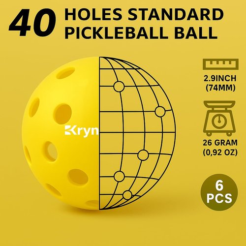 Kryndavox Sports Pickleball Balls, 6 Pack 40-Hole Seamless Outdoor Pickleballs, USAPA Approved, Durable Plastic Balls for All Skill Levels with Mesh Carry Bag