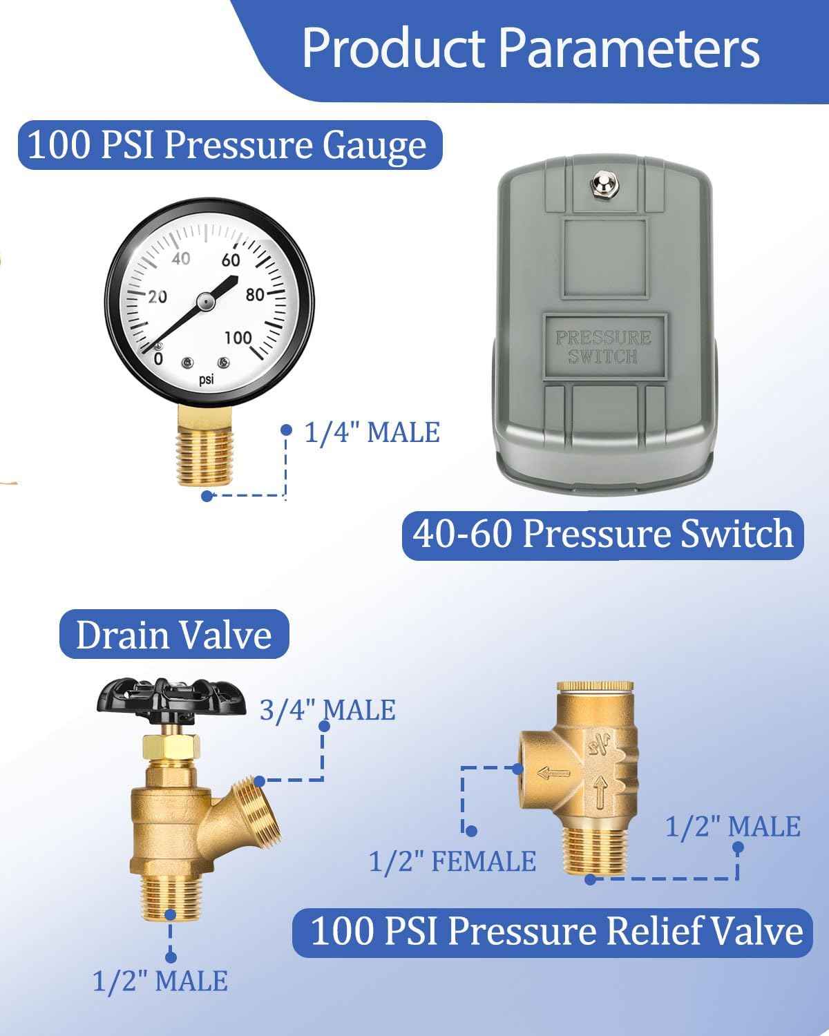 Well Pressure Tank Tee Kit with Union & 40-60 PSI Switch - Upgraded 1” x 11” for Tanks Up to 16” Diameter