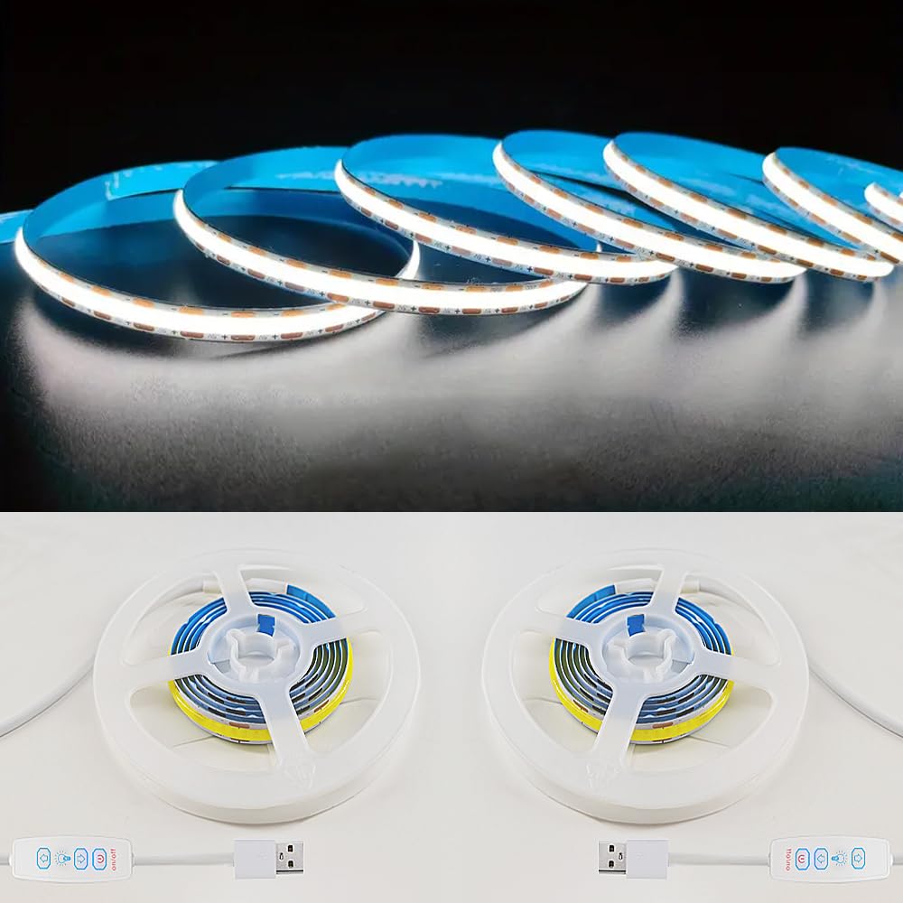 ZSLAIFU 2 Pack White USB Light Strip 5V COB Flexible Strip Light LED Backlight for Bedroom Cabinet Vanity Mirror DIY Lighting (3.28FTx2)