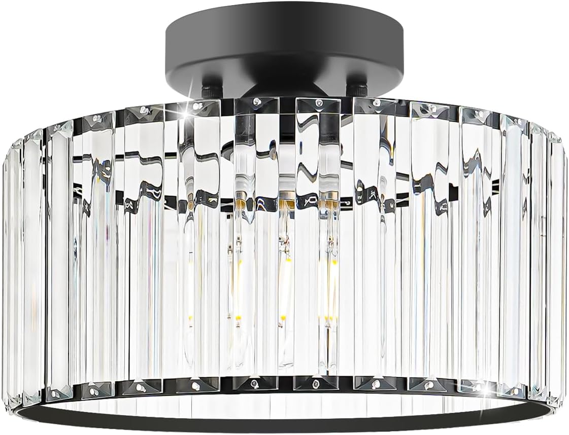 Modern Gold Crystal Ceiling Light Fixture - 11-Inch Semi Flush Mount Chandelier for Kitchen & Entryway
