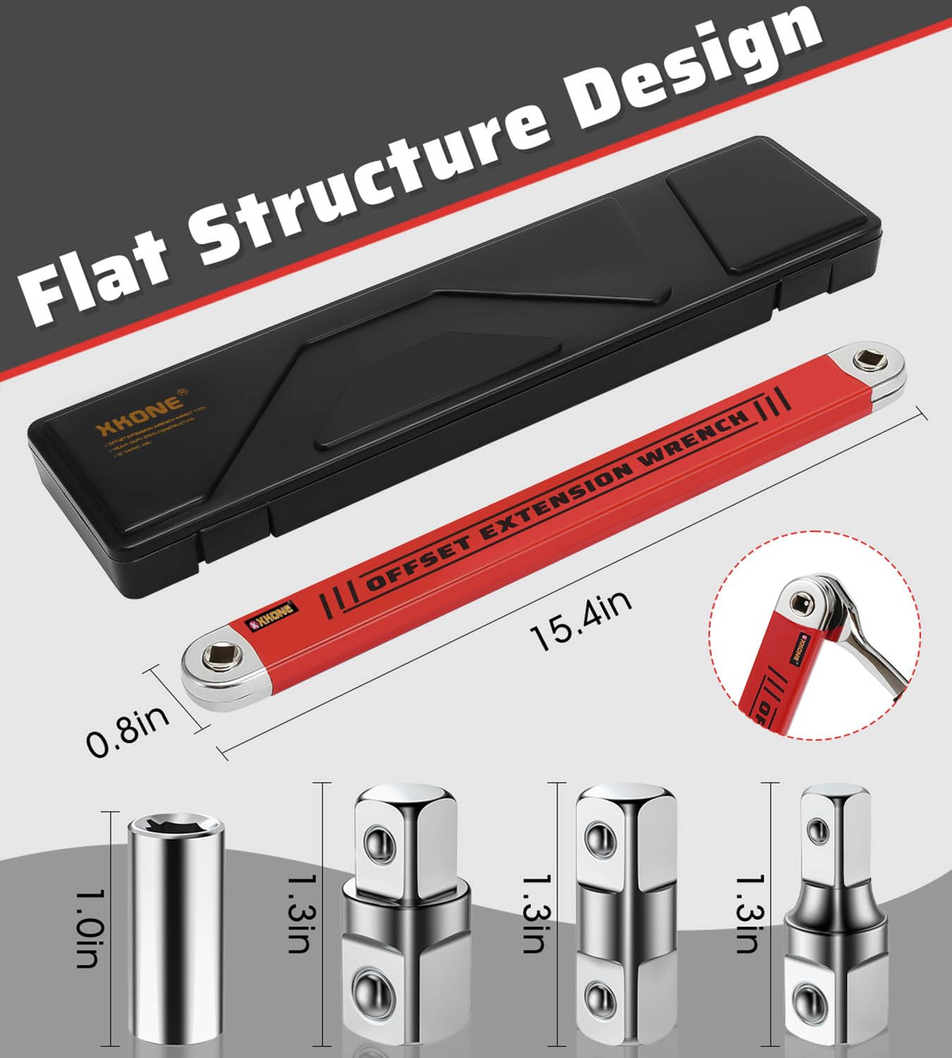 XKONE Offset Extension Wrench Set,15.4" Wrench with 1/4",3/8",1/2" Square Drive Adapters and 1/4" Socket forTight Spaces.
