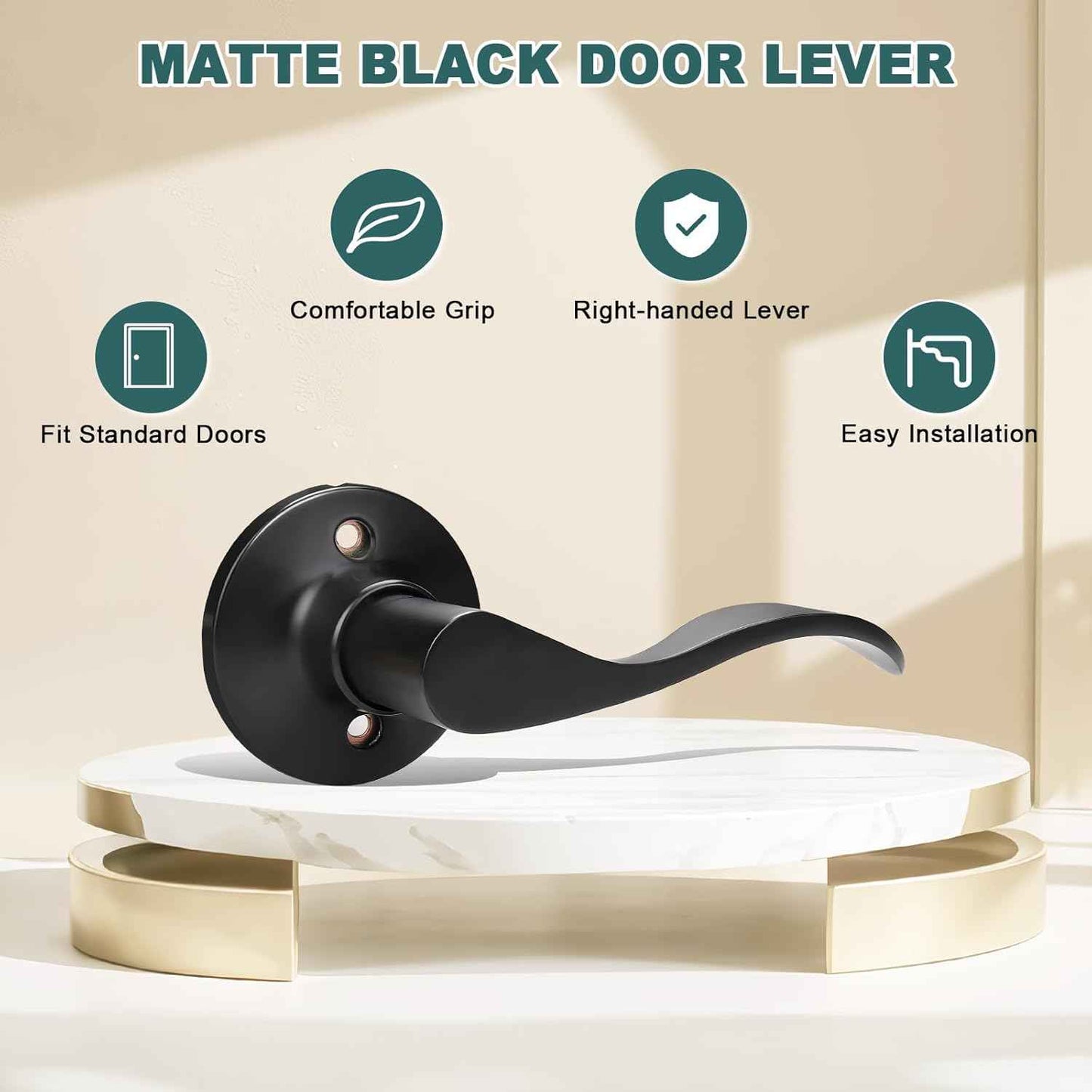 Black Privacy Door Levers - 6 Pack Keyless Modern Wave Handles for Bedrooms