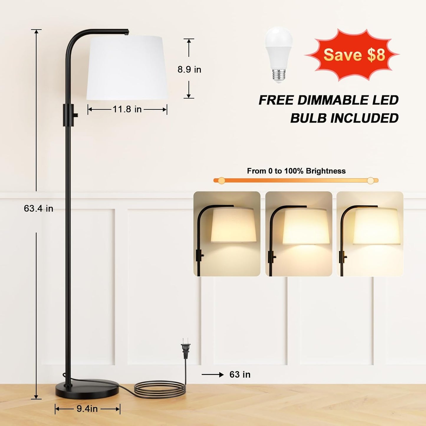 Modern Dimmable Floor Lamp with 9W LED Bulbs - Stylish Standing Light for Living Room & Bedroom (Gold & White)