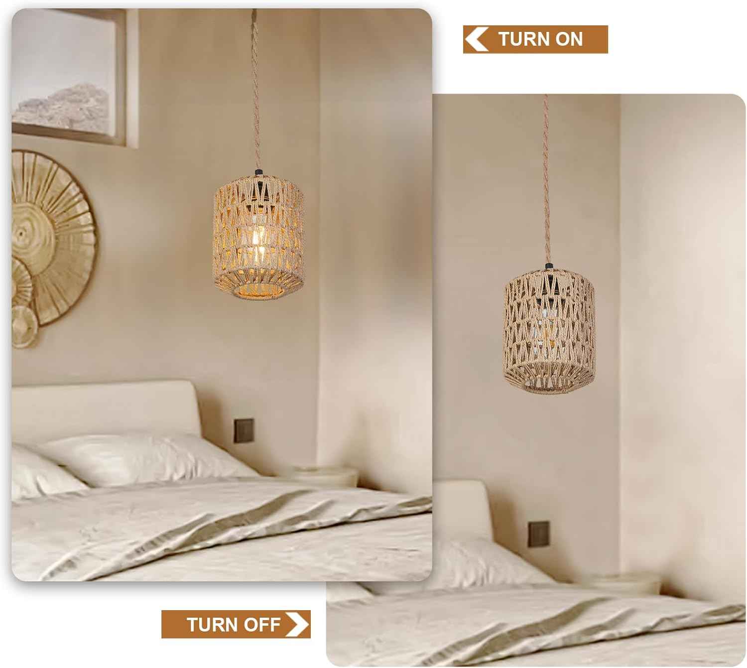 Boho Rattan Pendant Light with 3 Bulbs & 22ft Cord - Woven Hanging Chandelier for Bedroom, Kitchen, Hallway