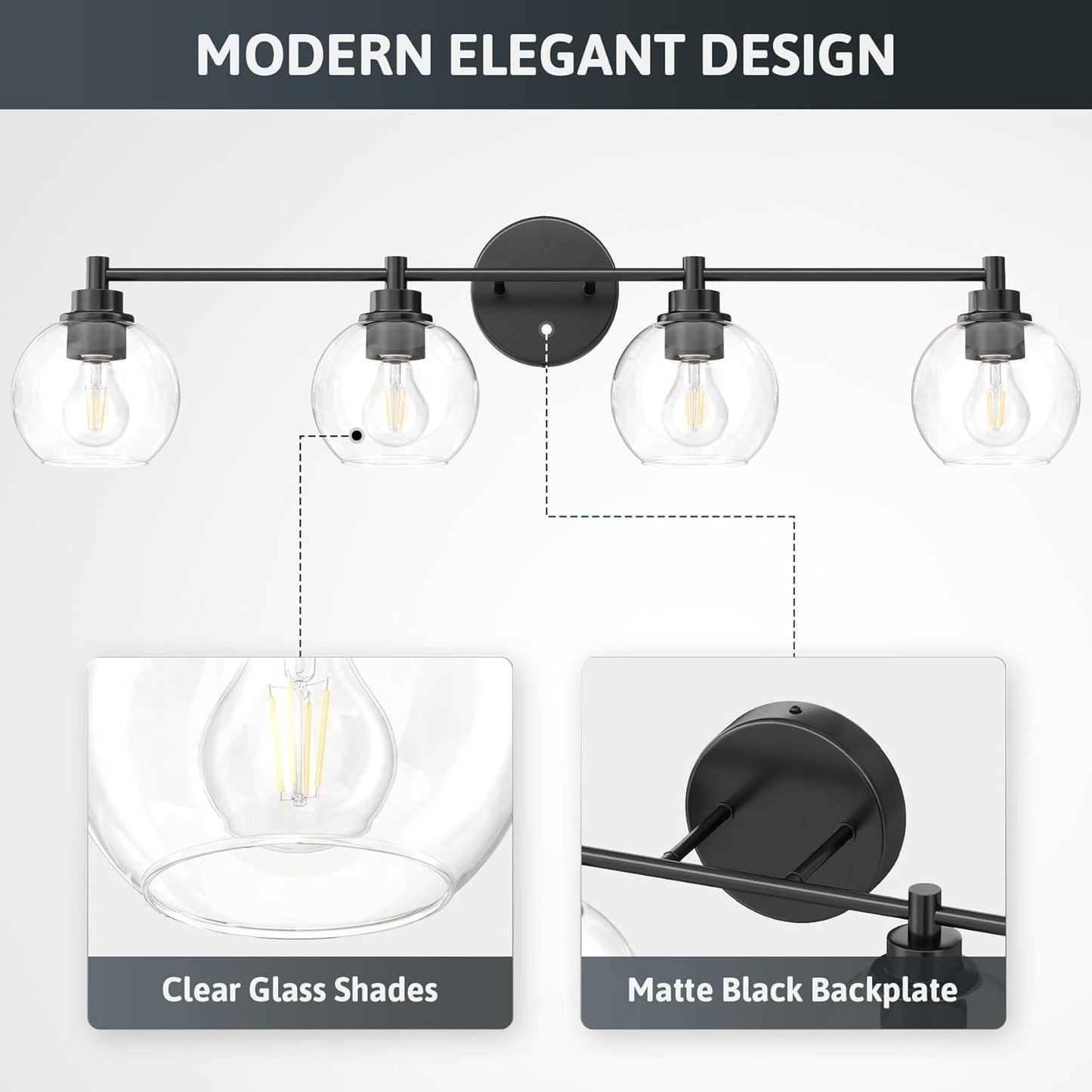 3-Light Vanity Bathroom Light Fixture with Globe Glass Shades - Brushed Nickel, ETL Certified