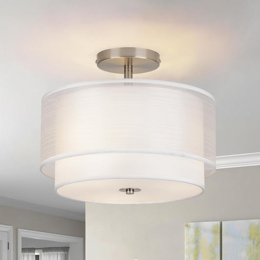 Modern 3-Light Flush Mount Ceiling Light Fixture - 12.6" Farmhouse Drum Lamp with Linen Shade for Bedroom & Hallway