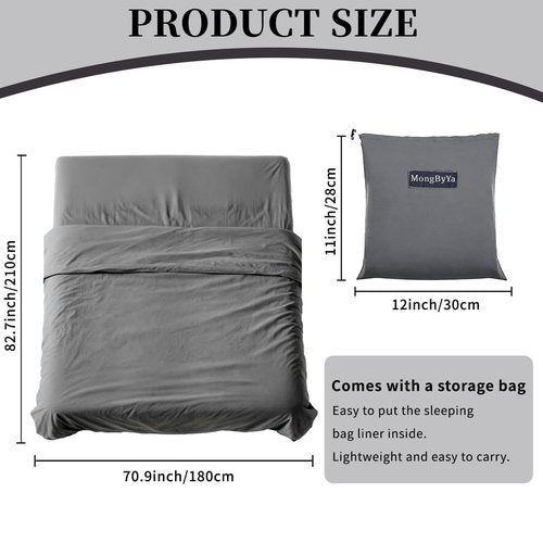 MongByYa Sleeping Bag Liner Lightweight Compact Sleeping Bag Sack Portable Clean Travel Sheet Camping Sleep Sheet for Backpacking Hotel Hiking (Silver Gray, 82.7” X 70.9”)