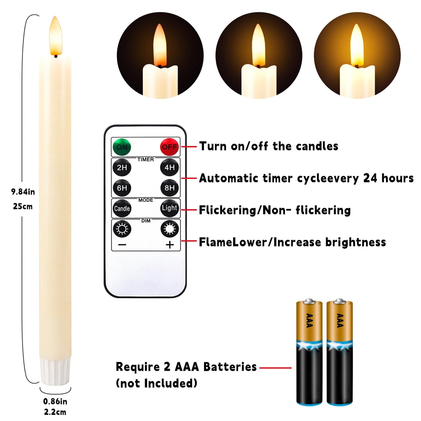 idyl light Flameless Taper Candles with Remote Timer, 9.8 Inches 3D Flickering Flame Led CandleSticks Battery Operated Window Candles for Fireplace Halloween Christmas Home Wedding Decor (Ivory)