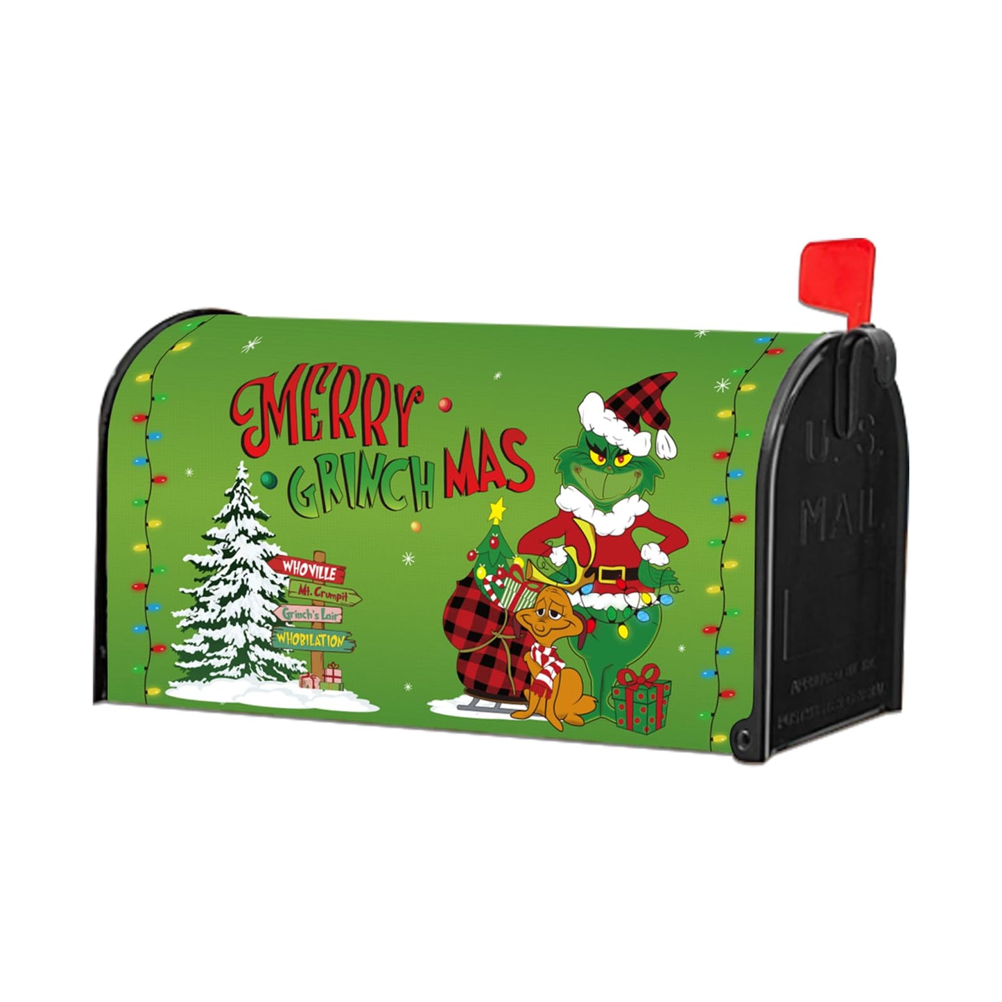 BWFY Christmas Mailbox Cover,Christmas Welcome Mailbox Cover Magnetic Standard 21" x 18", Green Xmas Max Dog Decorative Post Letter Box Decoration Wrap Winter Decor for Garden Yard