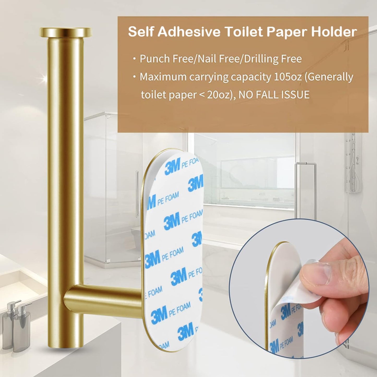 JOPOFI Toilet Paper Holder - Self Adhesive Toilet Paper Holder Wall Mount for Bathroom, SUS 304 Stainless Steel Command Strip Toilet Paper Roll Holder Stick On Wall, No Drilling - Brushed Gold