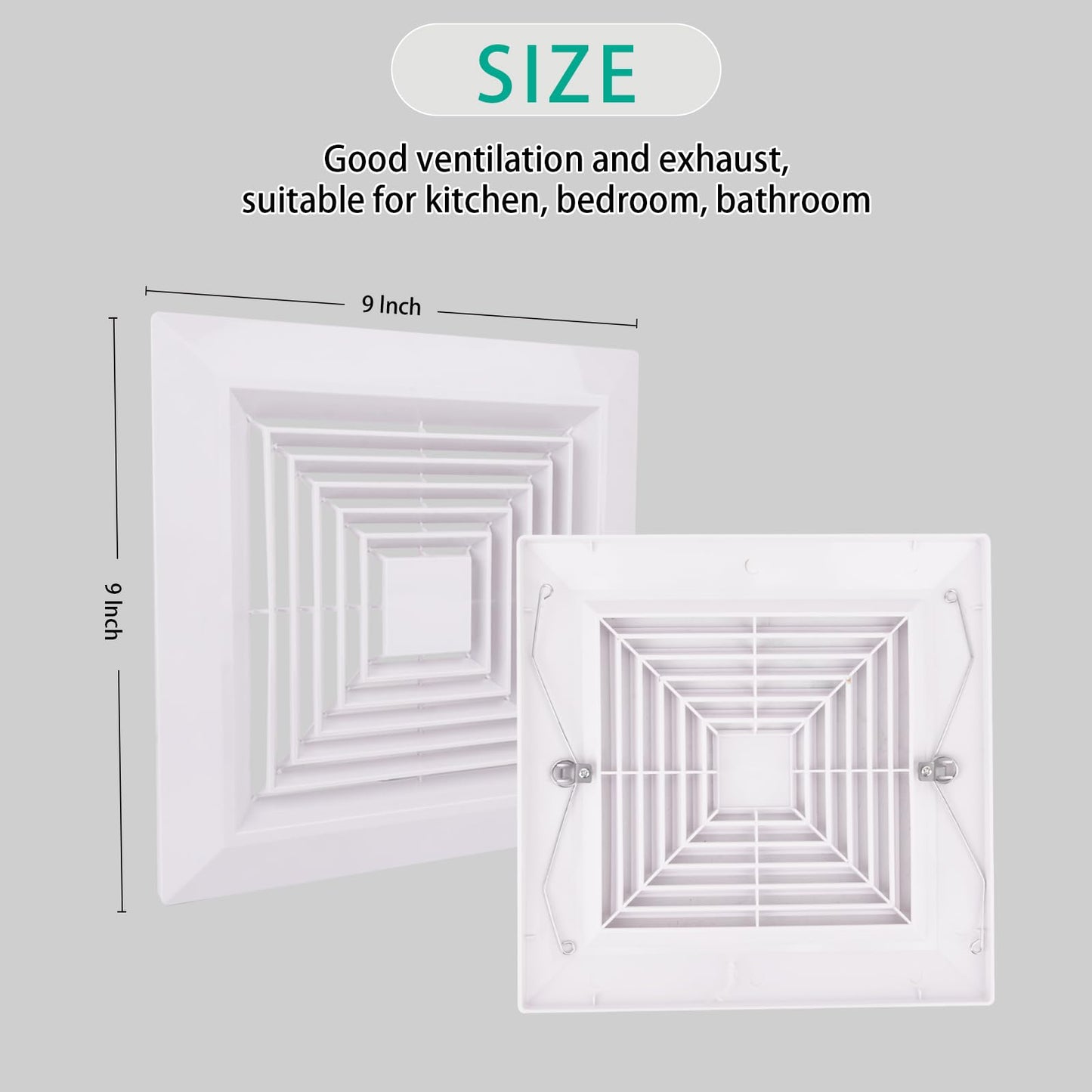 TIHCXNY 1-Piece (9"x9"Inches) Bathroom Exhaust Fan Cover with Spring, Square Ceiling or Wall Mounted Exhaust Fan, Ceiling Fan, Grille, Air Diffuser, Diverter Ventilation Hood, Replacement Accessories