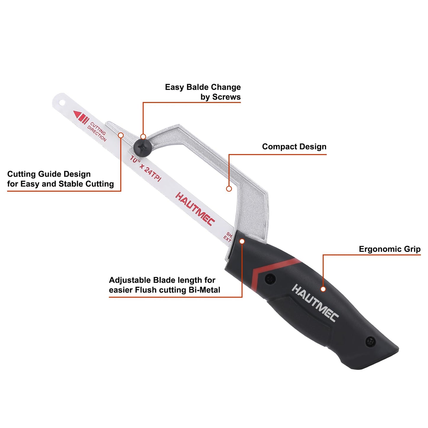 HAUTMEC Mini Hacksaw, 10" Compact Hacksaw with Cutting Guide Design, Tool-Free Blade Change, Compatible with 10"/12" Blades, Lightweight Hack Saw for Metal, PVC & Wood Cutting – HT0427