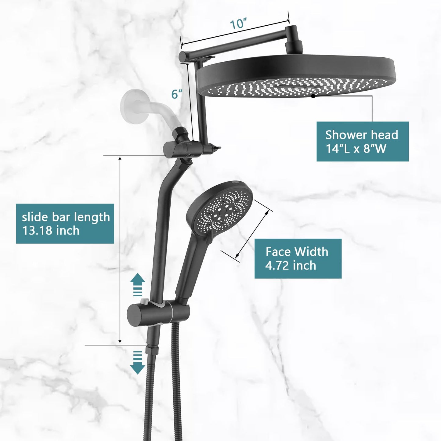 LOCALAND 14" x 8" Rectangle High Pressure Rainfall Shower Head with Handheld Combo, 6 Setting Handheld Shower Head, Adjustable Height Shower Extension Arm and Slide Bar for Easy Reach - Matte Black
