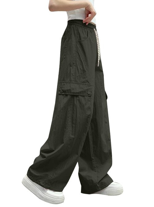 Ecolala Girls Cargo Pants Y2K Baggy Straight Wide Leg Drawstring Jogger Pants with Pocket Army Green 13-14 Years