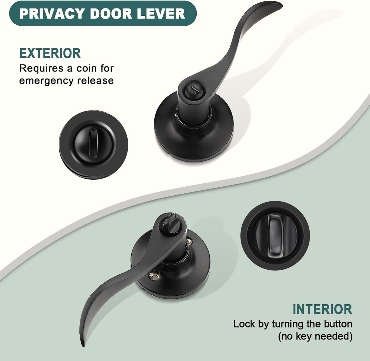 Black Privacy Door Levers - 6 Pack Keyless Modern Wave Handles for Bedrooms