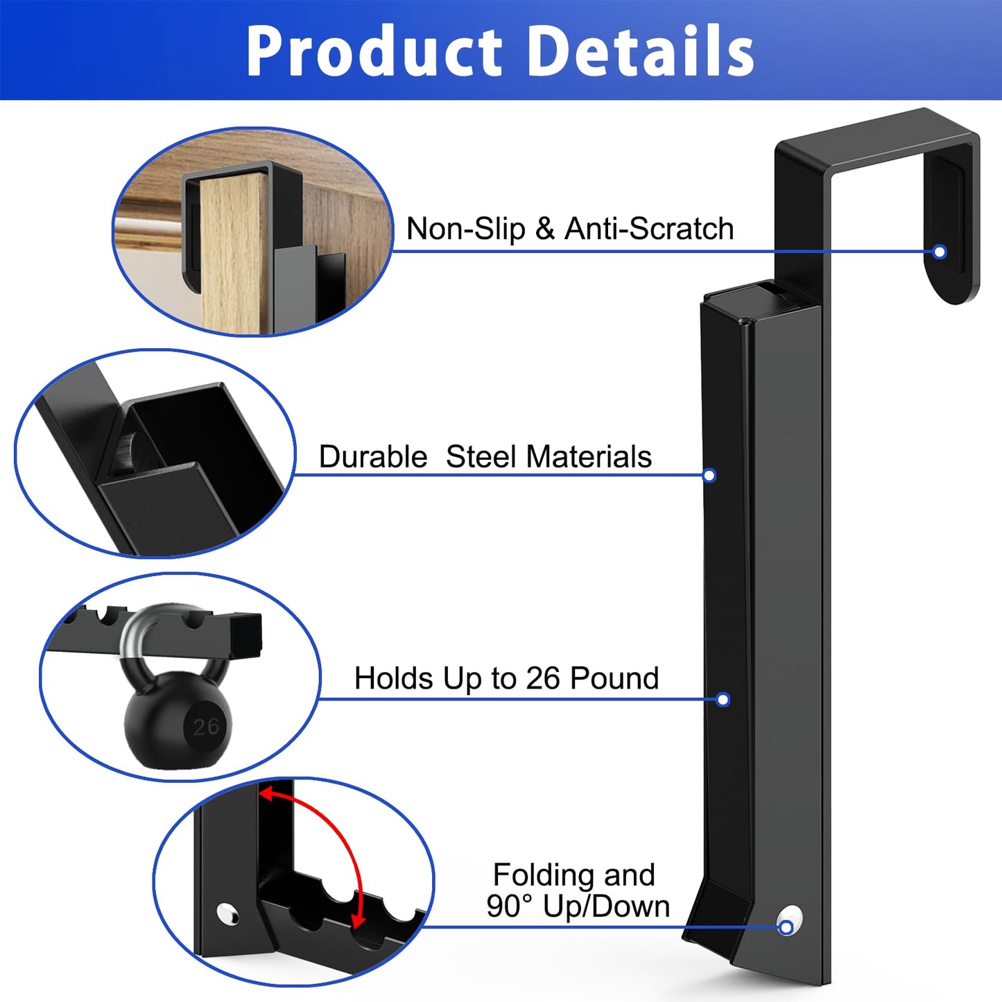 1 Pcs Black Folding Over Door Clothes Drying Laundry Rack Hooks - 6 Groves, Hanger for Clothes & Towels, Bedroom & Bathroom