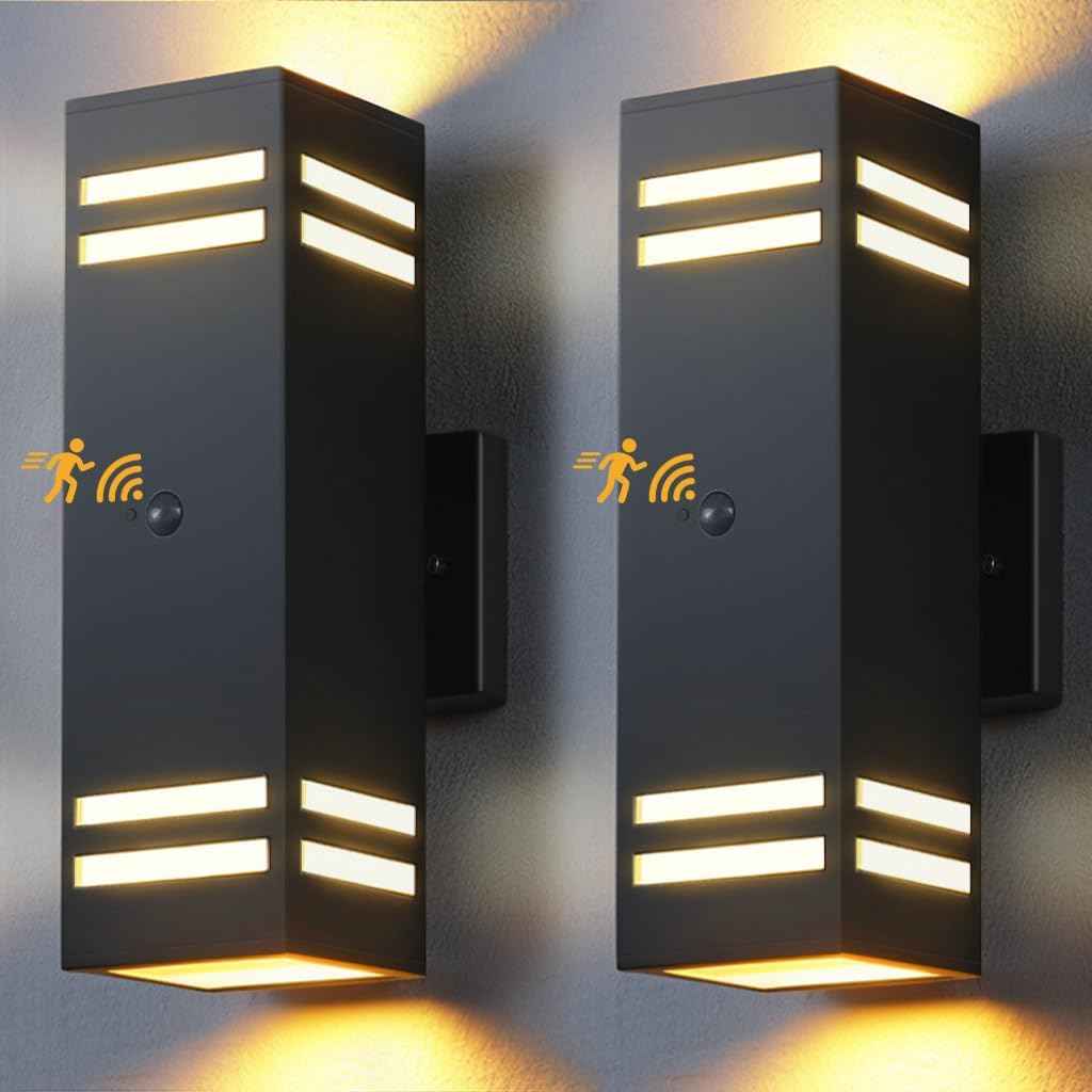 Modern Outdoor Wall Lights - Dusk to Dawn Square Matte Black Sconce with Bulbs, Aluminum Anti-Rust Up & Down Lighting for Porch & Garage