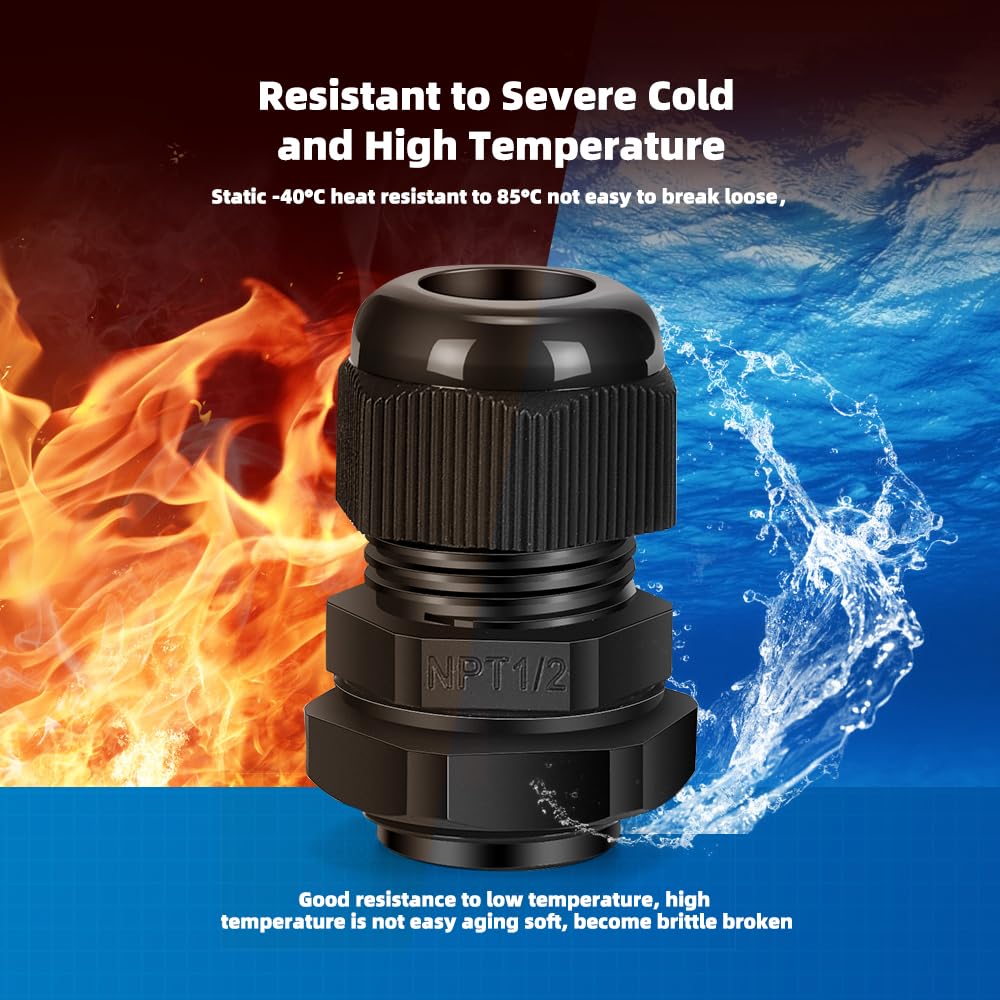 CGELE Cable Gland 12 Pack 1/2" NPT Waterproof Adjustable Connector Strain Relief Cord Connectors Joints Nylon with Gaskets…