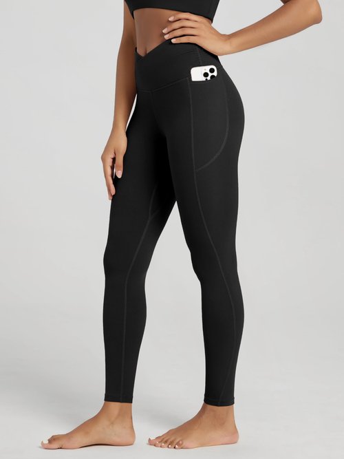 ODODOS Cloud Feeling Gathered Cross Waist Leggings with Pockets for Women 28" Crossover Lounge Yoga Pants, Black, Medium