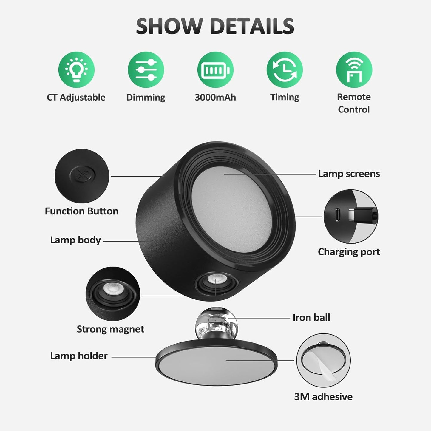 Rechargeable LED Wall Mounted Lights - 3 Pack with Remote, Dimmable & 360° Rotation for Bedroom