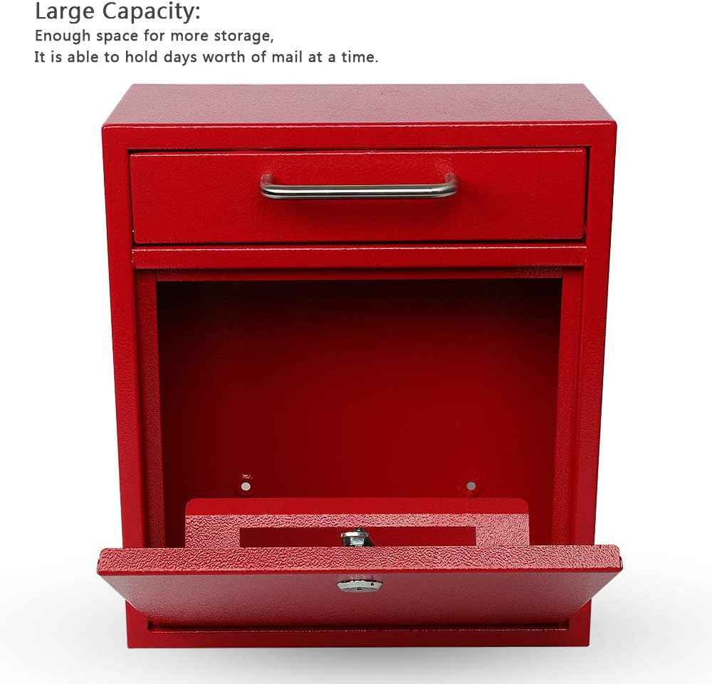 Secure Wall-Mount Mailbox with Lock | KYODOLED Large Steel Drop Box, Black, 16.2H x 11.22L x 4.72W