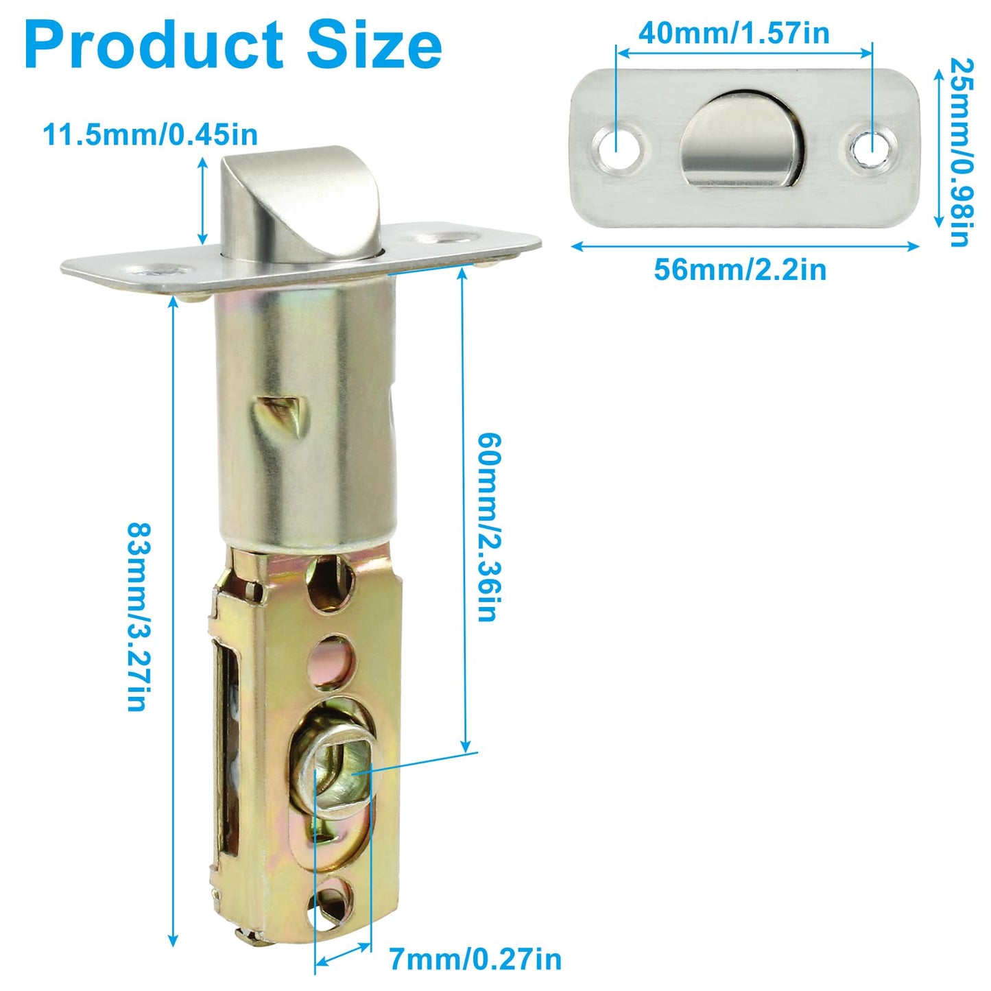 Cionyce Tubular Mortice Latch, Passage Door Latch, Adjustable Square Latch Size 60/70mm, Replacement Entry Latch for Lever Door Handles, Internal Door Handles