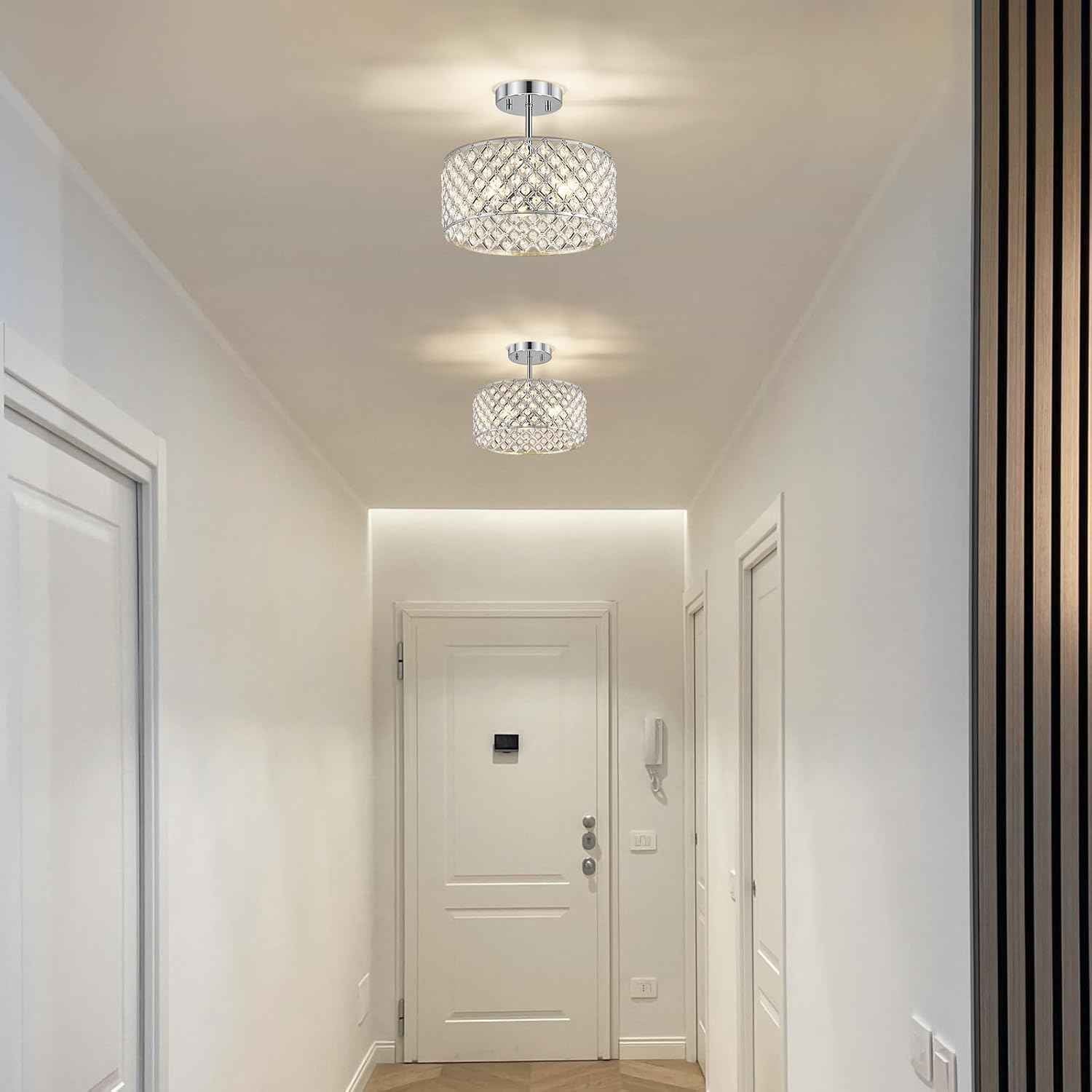 Modern Black Crystal Semi Flush Mount Ceiling Light Fixture - 11.2" Round Chandelier for Dining Room, Hallway, Kitchen & Bedroom
