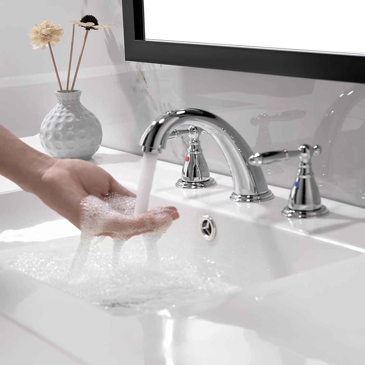 Phiestina 8-Inch Widespread Bathroom Faucet - Chrome, Lead-Free, Metal Pop-Up Drain, Model WF008-4-C