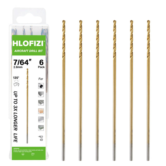 HLOFIZI 7/64 x 6 Inch Extra Long Drill Bits (6 Pack), Aircraft Drill Bit Titanium M2 High Speed Steel for Wood, Plastic, PVC, Thin Metal Sheet