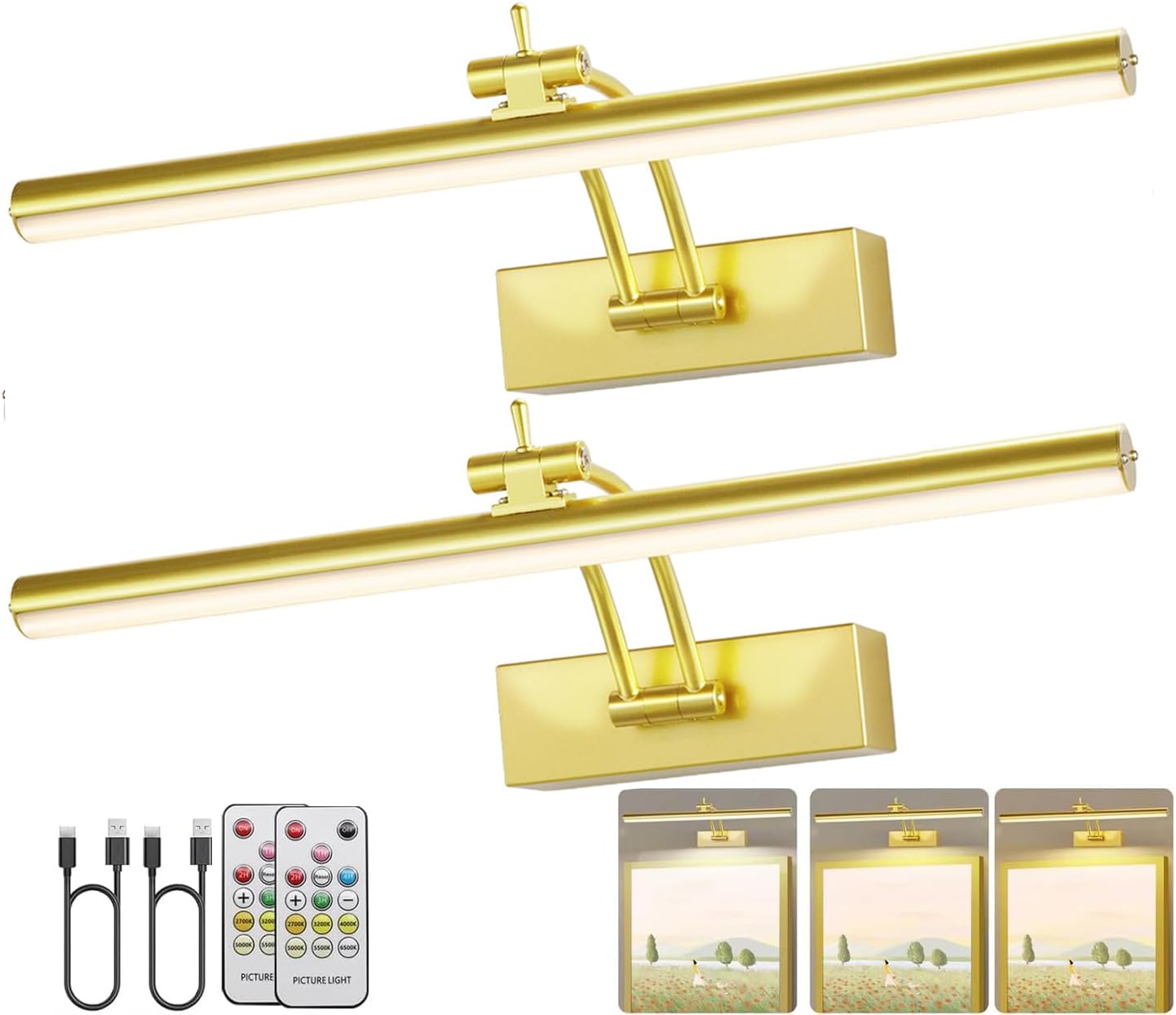 Wireless Battery Operated Picture Lights - 2 Pack, 16 Inch Dimmable Art Lighting with Remote, 6 Color Options - Perfect for Paintings and Gallery Displays