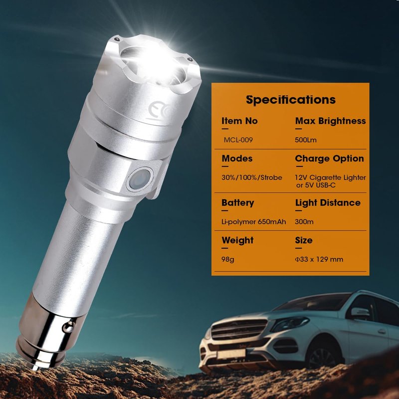MCCC Small Flashlight Rechargeable with Diffuser 12 Volt Car Cigarette Lighter & USB C Charge for Auto Vehicles Emergency, Car Escape, Outdoors, Daily Use