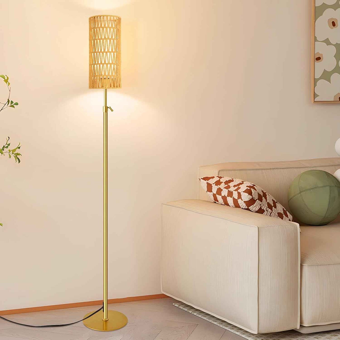 Boho Gold Floor Lamp with Remote Control | Dimmable Rattan & Wicker Design for Living Room